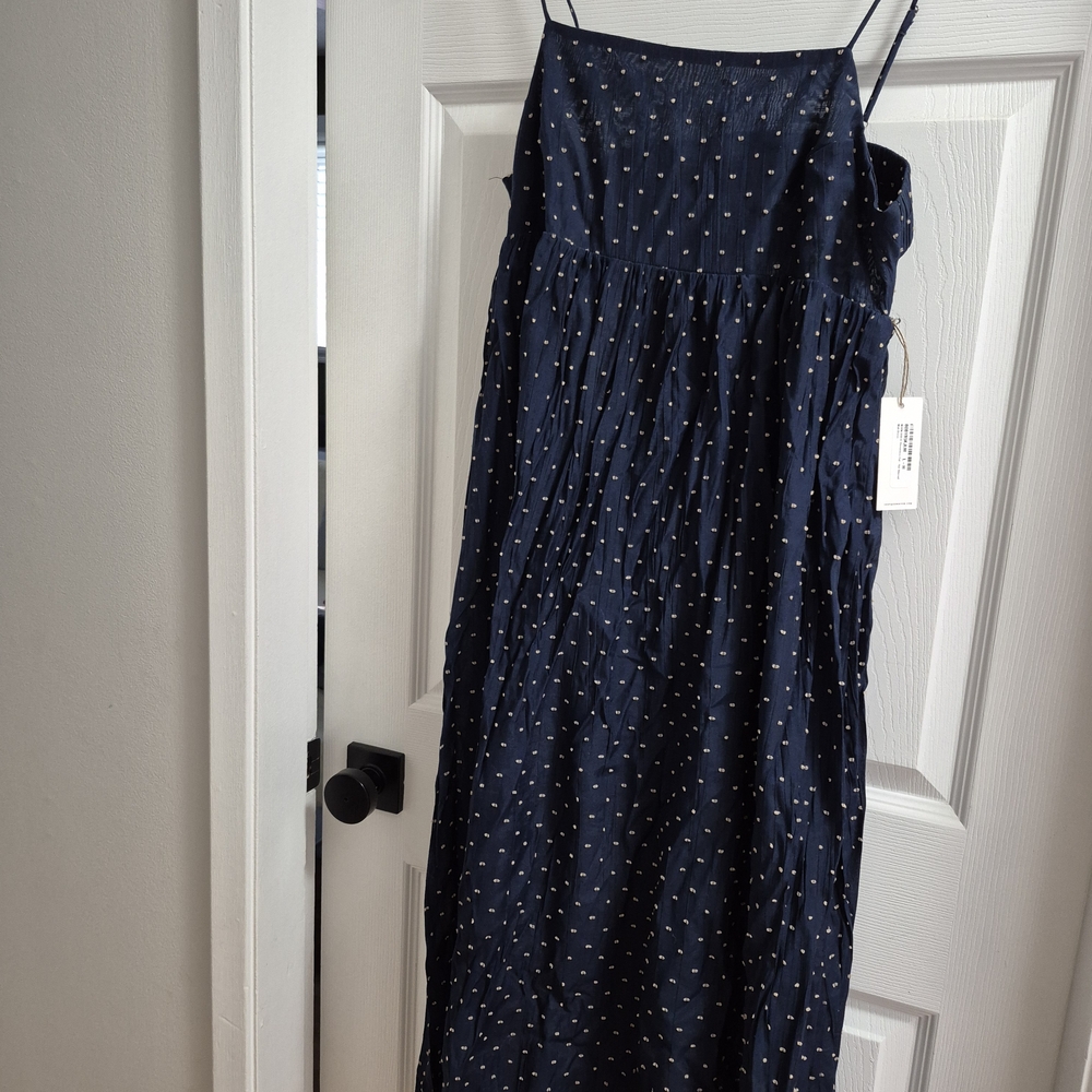 Navy Blue Spaghetti Strap Dress with Polka Dots